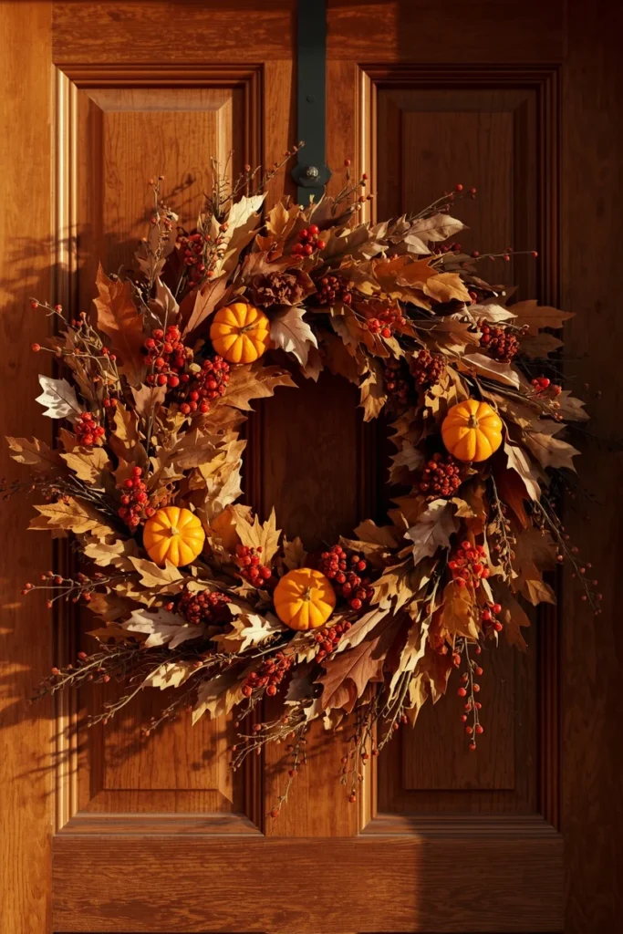 16 Simple Fall Porch Decor Ideas Anyone Can Pull Off This Season 6 front door close-up, featuring a bold fall wreath made of dried leaves, small pumpkins