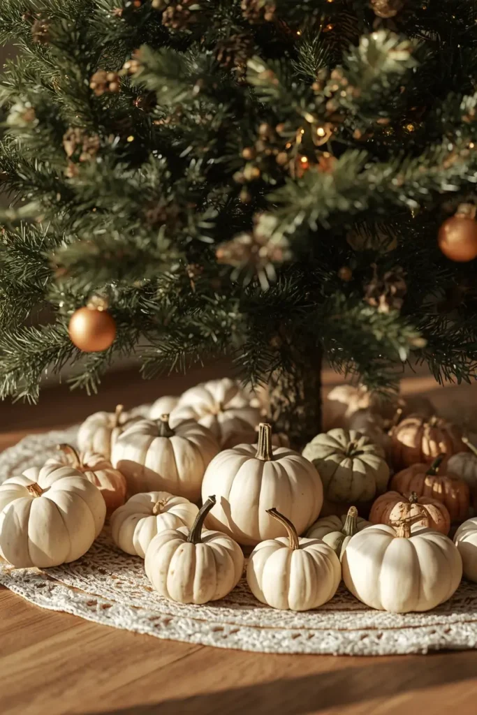 15 Simple Thanksgiving-to-Christmas Tree Transition Ideas 6 Christmas tree base, featuring a cluster of mini pumpkins and gourds in white