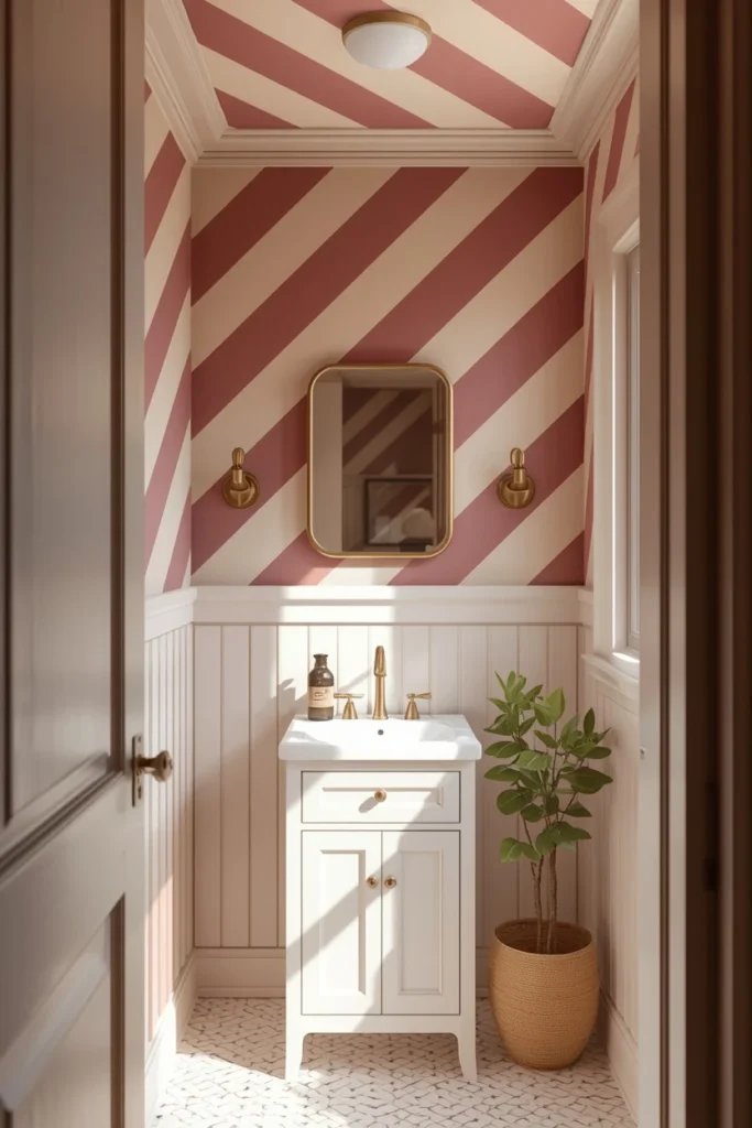 16 Striped Ceiling Ideas to Add Instant Personality Overhead 6 small powder room, featuring a ceiling painted with diagonal stripes