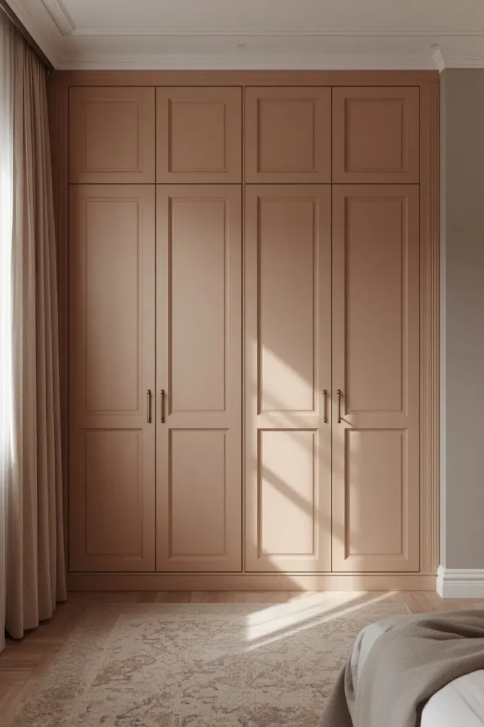 17 Tiny Bedroom Design Ideas for Couples (That Still Feel Romantic) 6 small bedroom corner, featuring a custom built-in wardrobe with matching wall-color doors