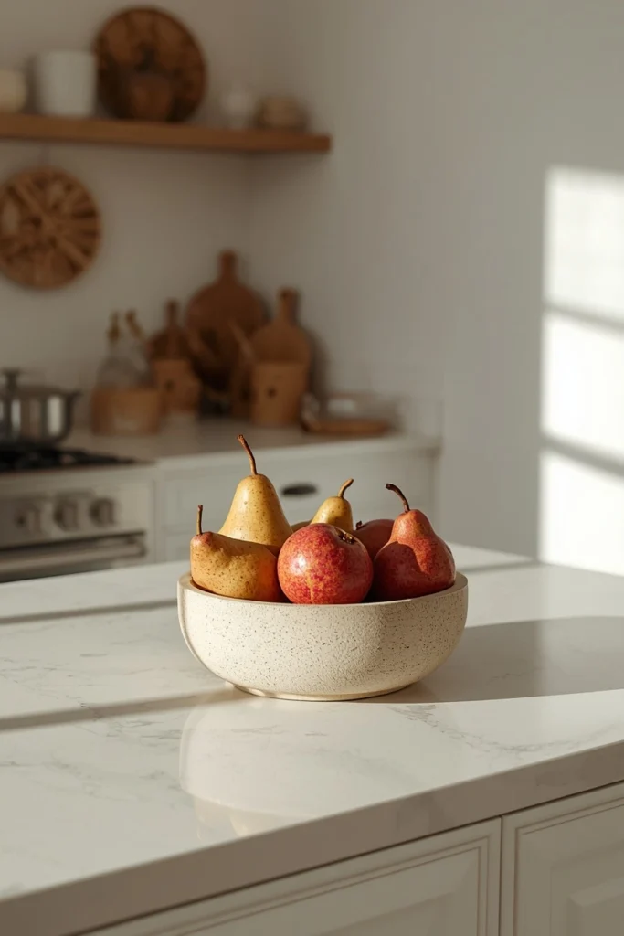 17 Understated Fall Decor Ideas for a Minimal, Modern Home 6 kitchen island shot, featuring a simple unglazed stone bowl