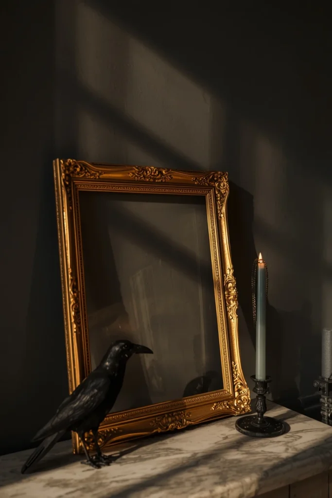 23 Vintage Halloween Decor Ideas That Look Straight Out of an Old Storybook 6 mantel styling shot, featuring an ornate empty gold gilded frame