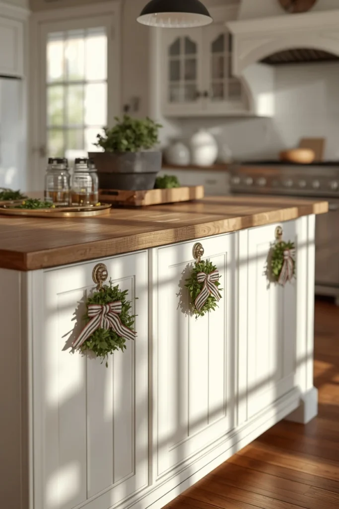 19 Ways to Decorate a Farmhouse Kitchen for Christmas (Cozy, Budget-Friendly Ideas) 6 farmhouse kitchen island, featuring small boxwood wreaths tied to cabinet