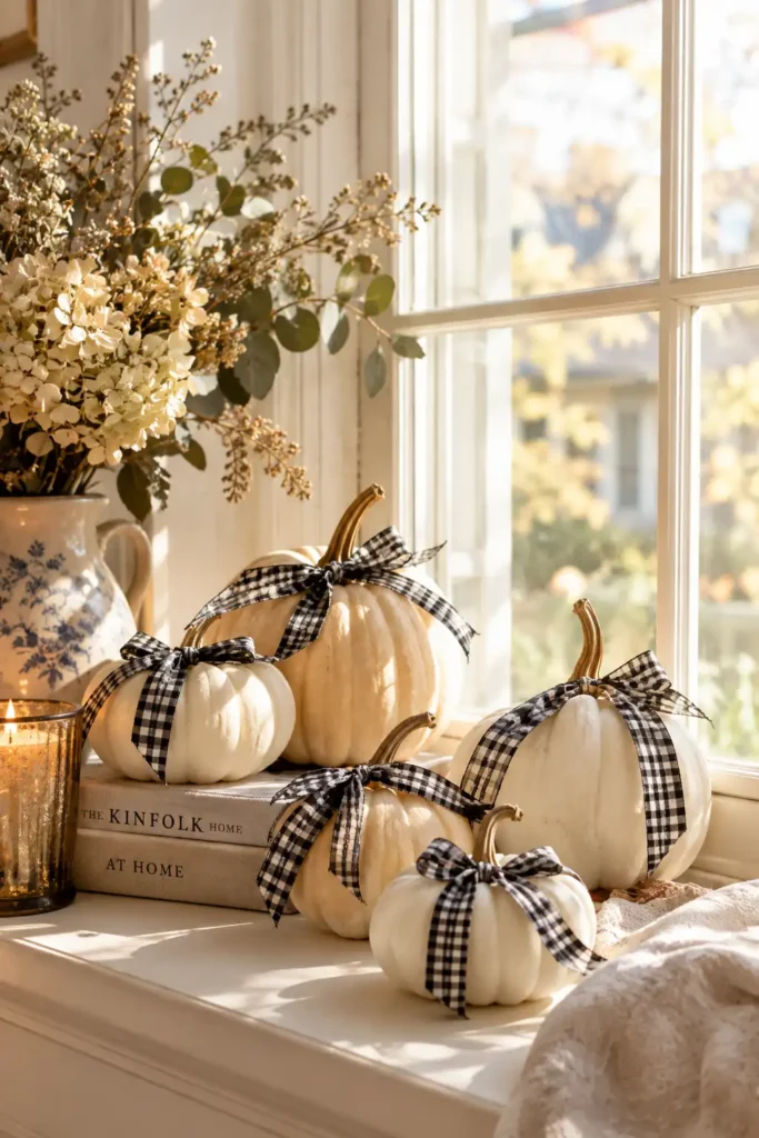 25 Whimsical Halloween Decor Ideas That Feel Spooky and Cute 6 windowsill, featuring small cream and white pumpkins