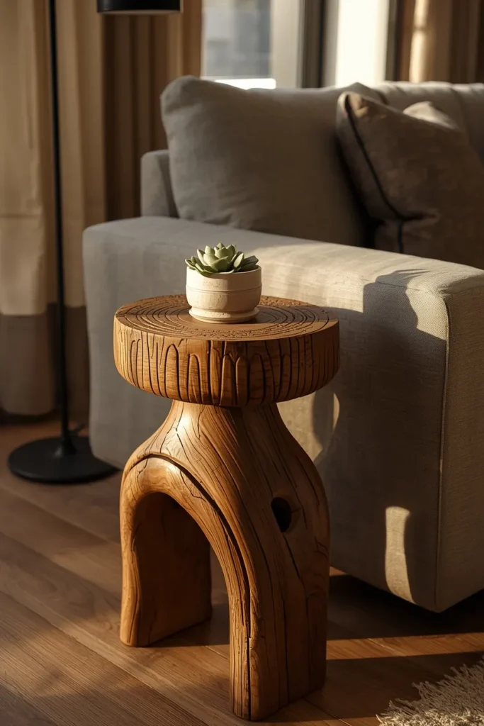 17 Afrobohemian Living Room Ideas That Feel Like a Global Getaway 7 living room, featuring an authentic hand-carved Ashanti stool used as a side table