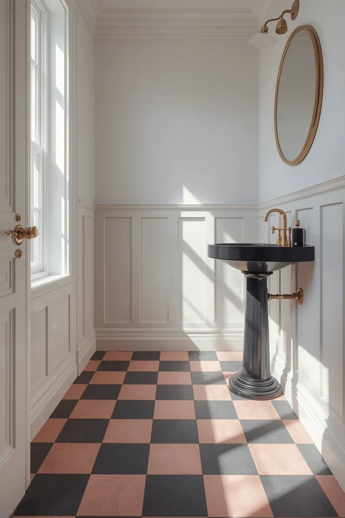 18 Bathroom Tile Ideas That Are Bold Enough to Transform Everything 7 powder room, featuring large-format muted pink and charcoal checkerboard floor tile