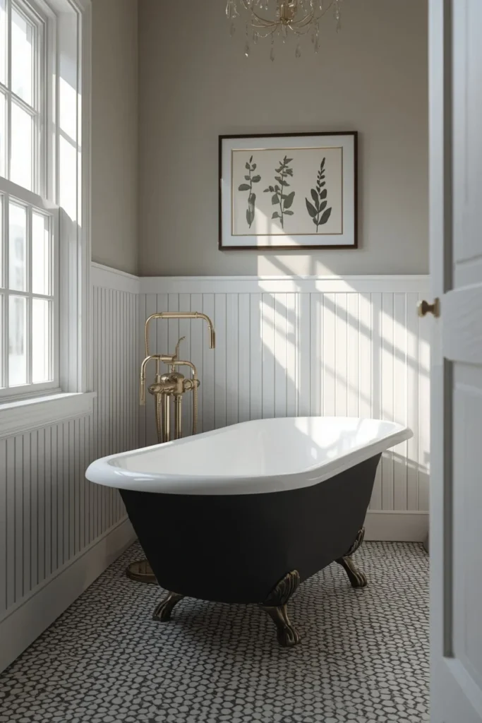 19 Black Bathroom Ideas That Are Dramatic, Chic & Completely Stunning 7 vintage bathroom, featuring black-painted clawfoot tub with white interior,