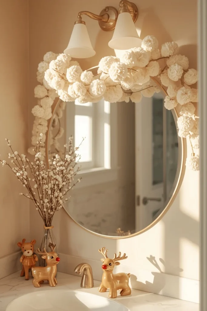  Christmas bathroom, featuring a soft white pom-pom garland draped across the top