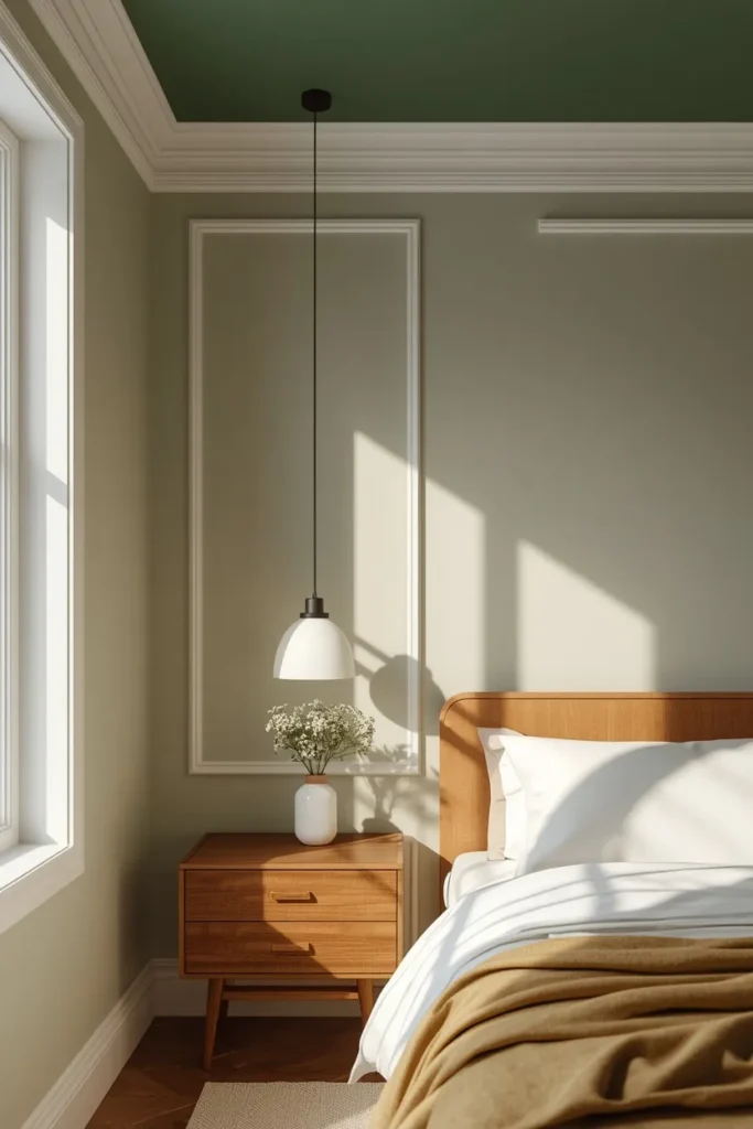 bedroom shot, featuring soft sage green walls paired with a deeper forest green ceiling