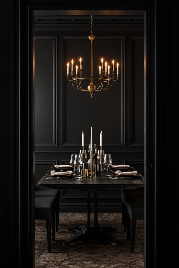 22 Cosmic Interior Design Ideas for a Starry, Galaxy-Inspired Home 7 dining room shot, featuring matte black walls with a brass chandelier overhead, a dark wood dining table set