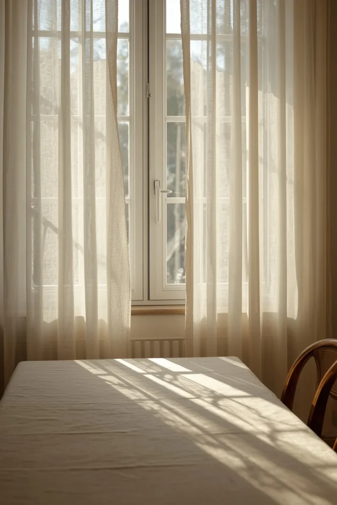 dining room window, featuring gauzy lace curtains filtering soft daylight onto a wooden dining table