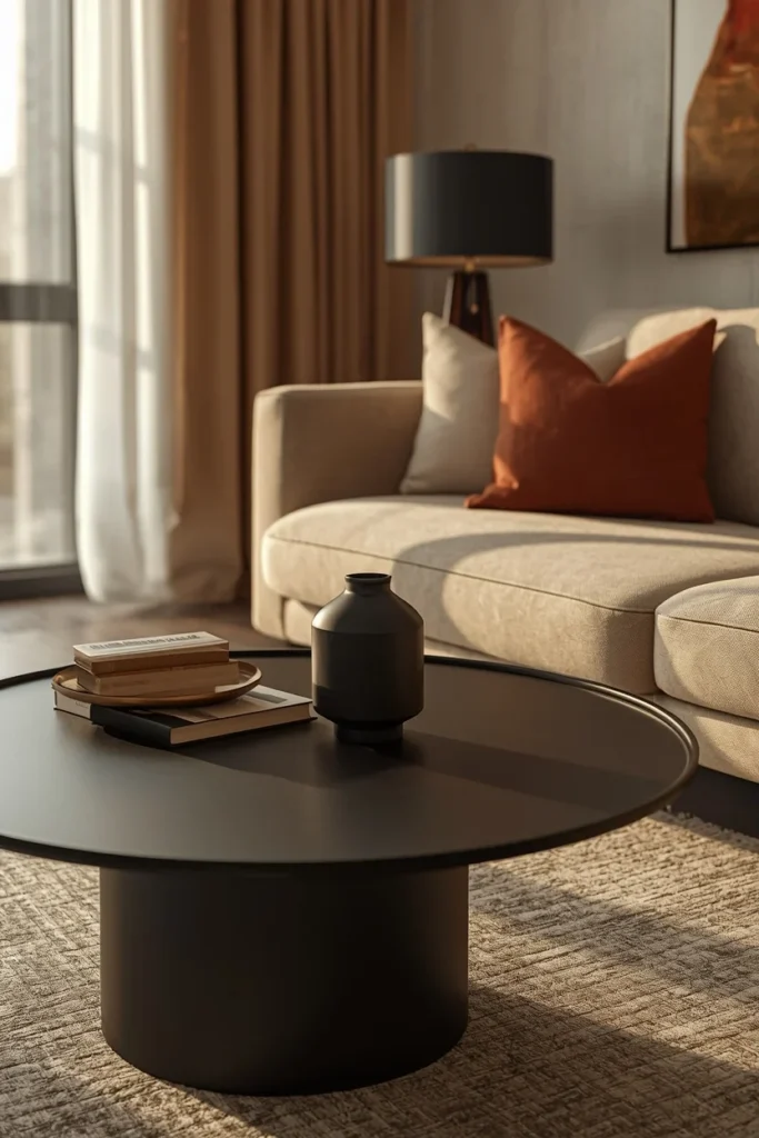 20 Cozy Warm Neutral Fall Living Room Ideas Anyone Can Recreate 7 living room close-up, featuring a matte black coffee table and a black-based table lamp