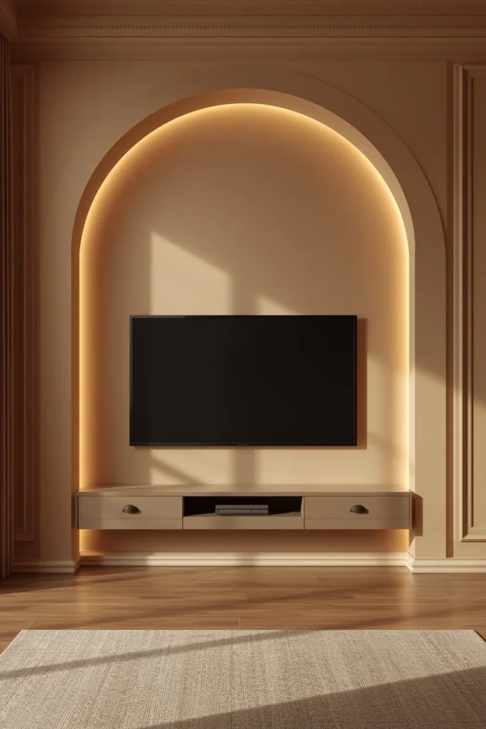 15 Curved Accent Wall Ideas to Soften a Boxy Room 7 living room media wall, featuring a wall-mounted television recessed inside a wide plastered archway