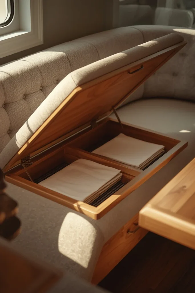  functional detail shot, featuring a curved banquette bench with the seat cushion lifted to reveal