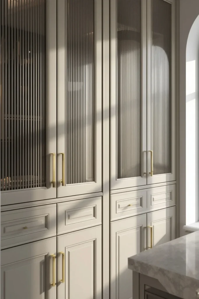 17 Curved Kitchen Peninsula Ideas for Better Small-Space Flow 7 kitchen peninsula close-up, featuring curved reeded glass cabinet fronts with brass hardware,