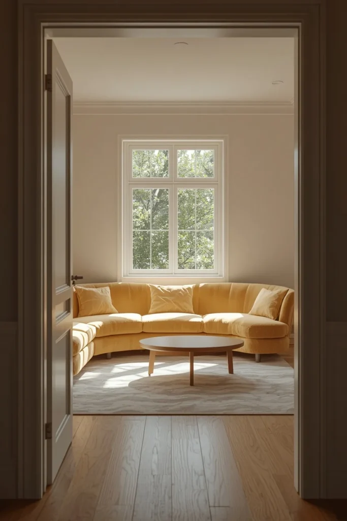  small living room shot, featuring a low-profile curved sofa in warm cream fabric