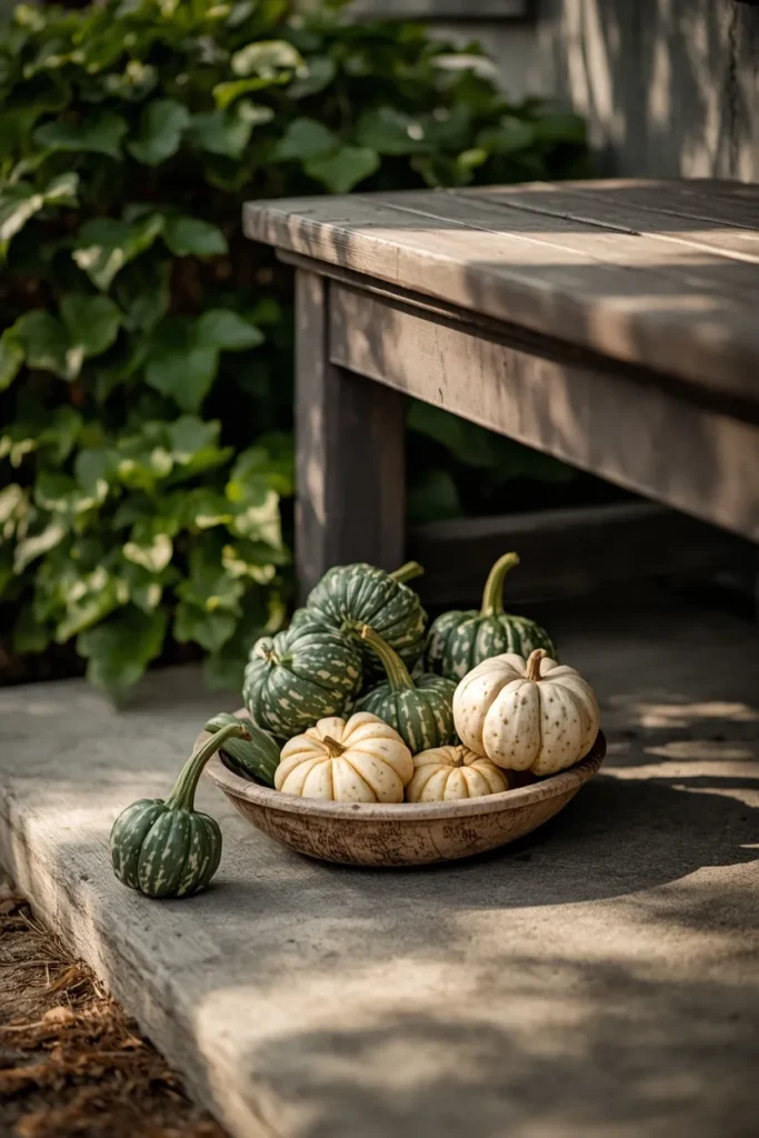  front porch, featuring a small wood bowl filled with green and white gourds