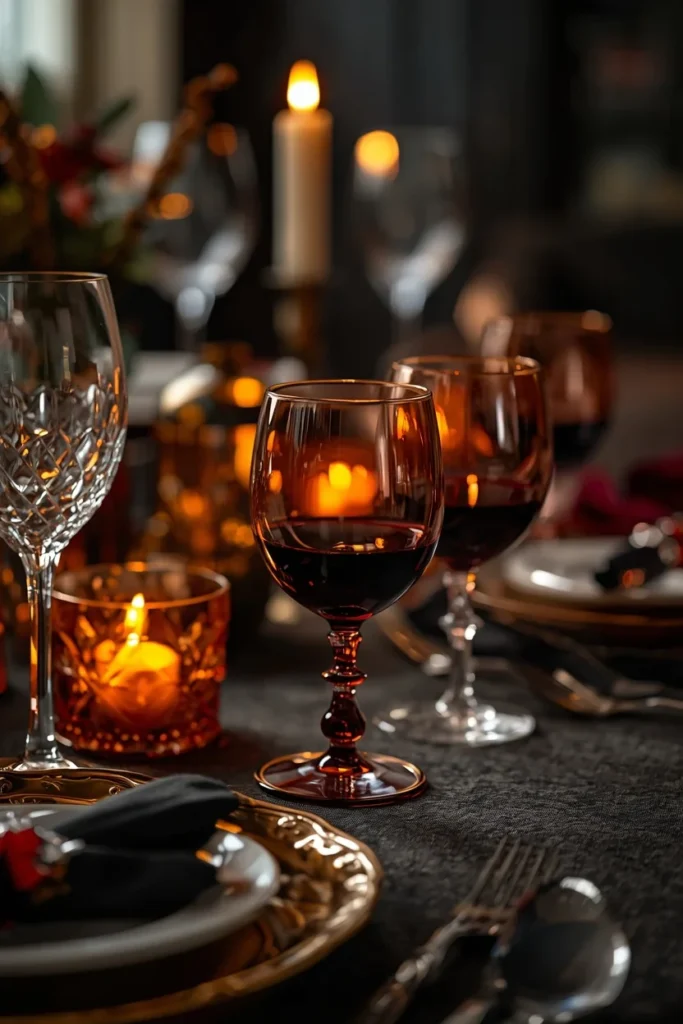 18 Elegant Halloween Dining Table Ideas for a Chic Fright Night 7 table setting close-up, featuring amber and smoked glass goblets filled with dark red wine,