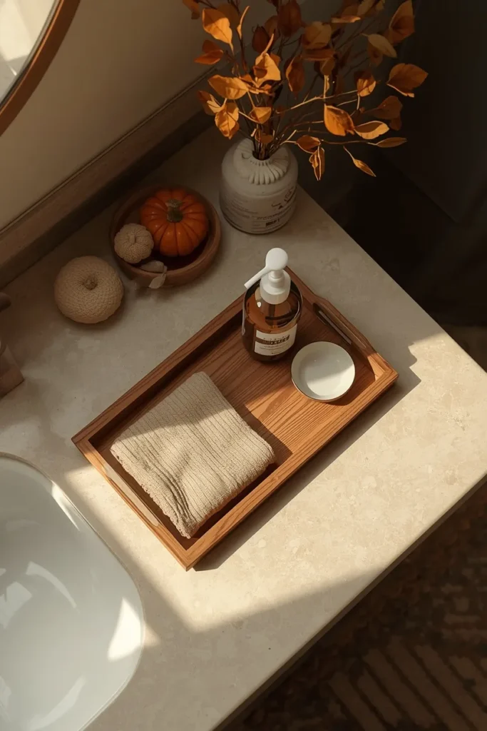 15 Fall Bathroom Decor Ideas for a Cozy Season Refresh 7 bathroom counter, featuring a small oak wood tray styled with a ceramic soap pump