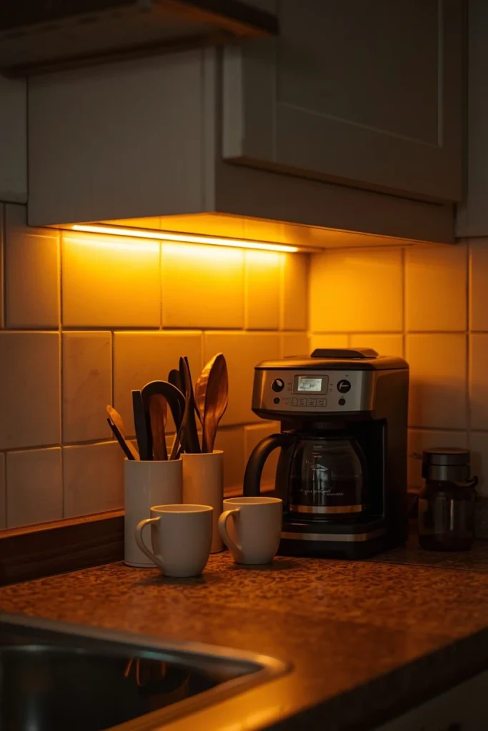 kitchen coffee station at early morning, featuring warm amber under-cabinet