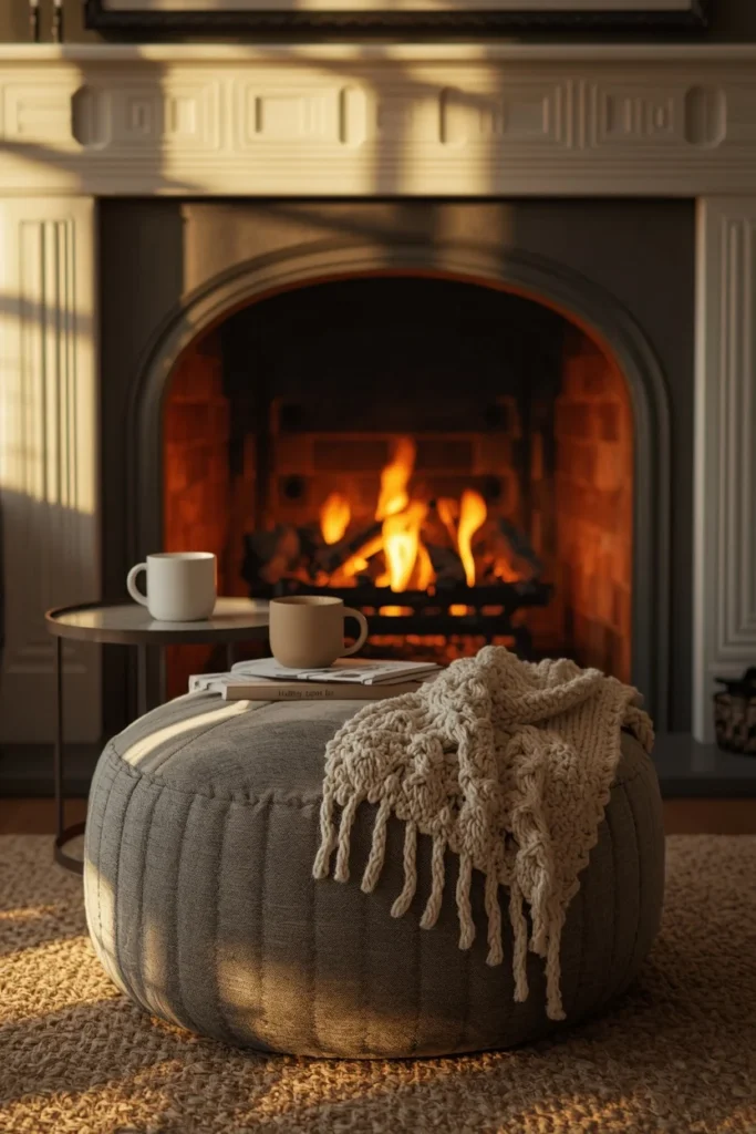 16 Fall Decor Ideas for the Space in Front of Your Fireplace 7 living room fireplace, featuring a large floor pouf positioned close to the hearth with a small side table