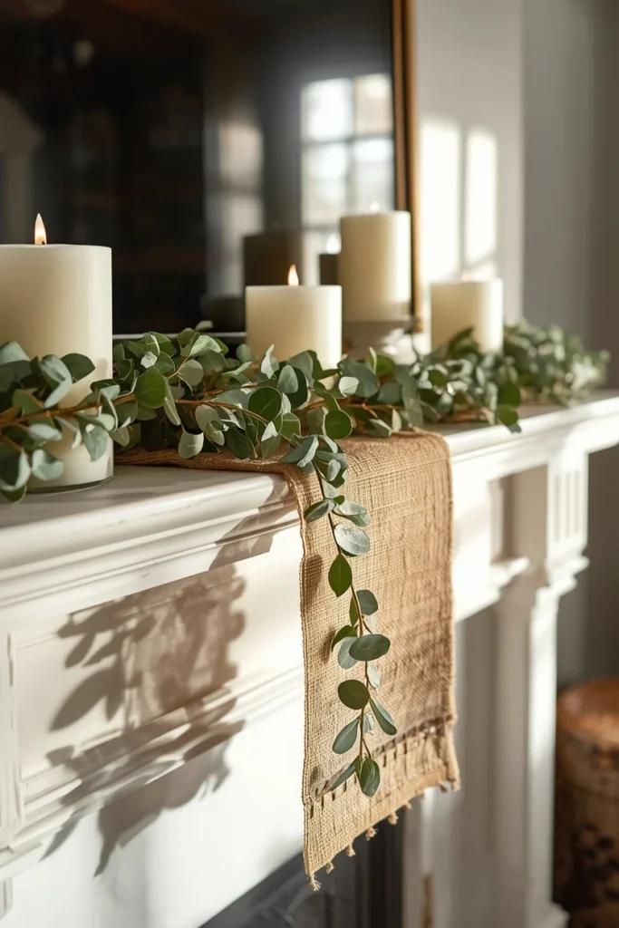  farmhouse living room mantel, featuring a burlap table runner draped along the mantel topped