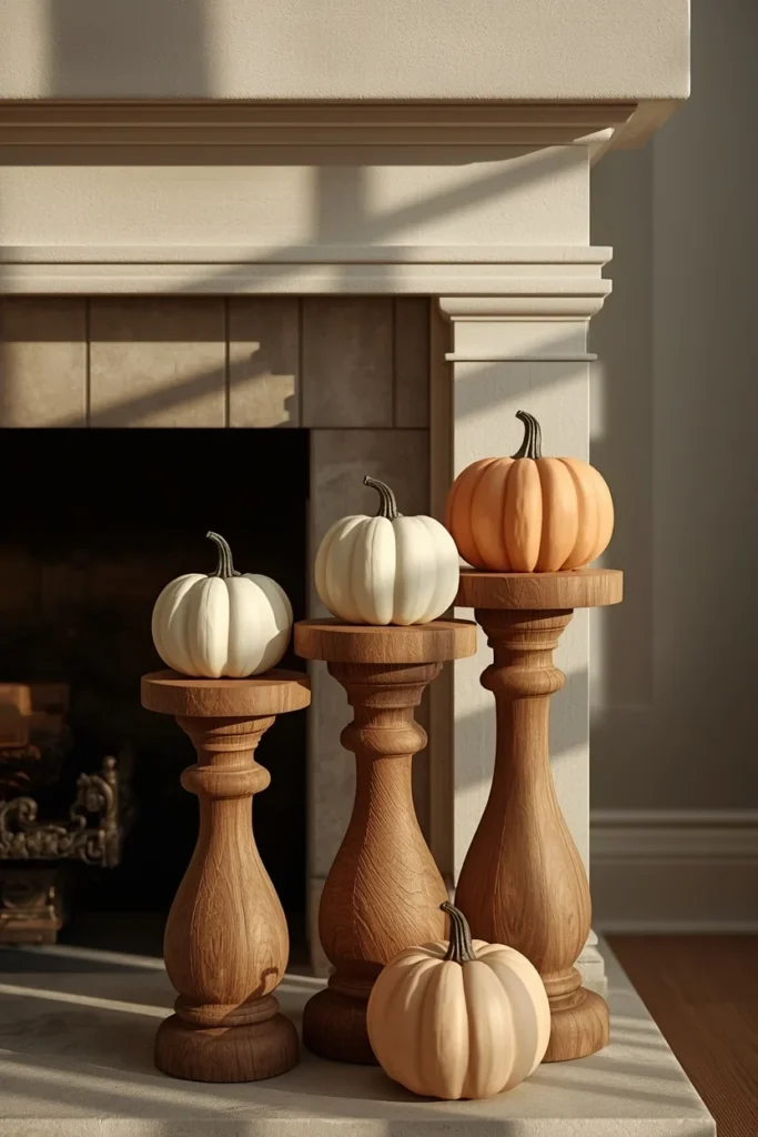  realistic fireplace mantel close-up, featuring faux pumpkins in cream, sage, and soft orange