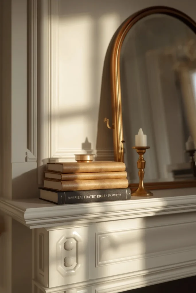  living room mantel, featuring a stack of hardcover books wrapped in kraft paper topped