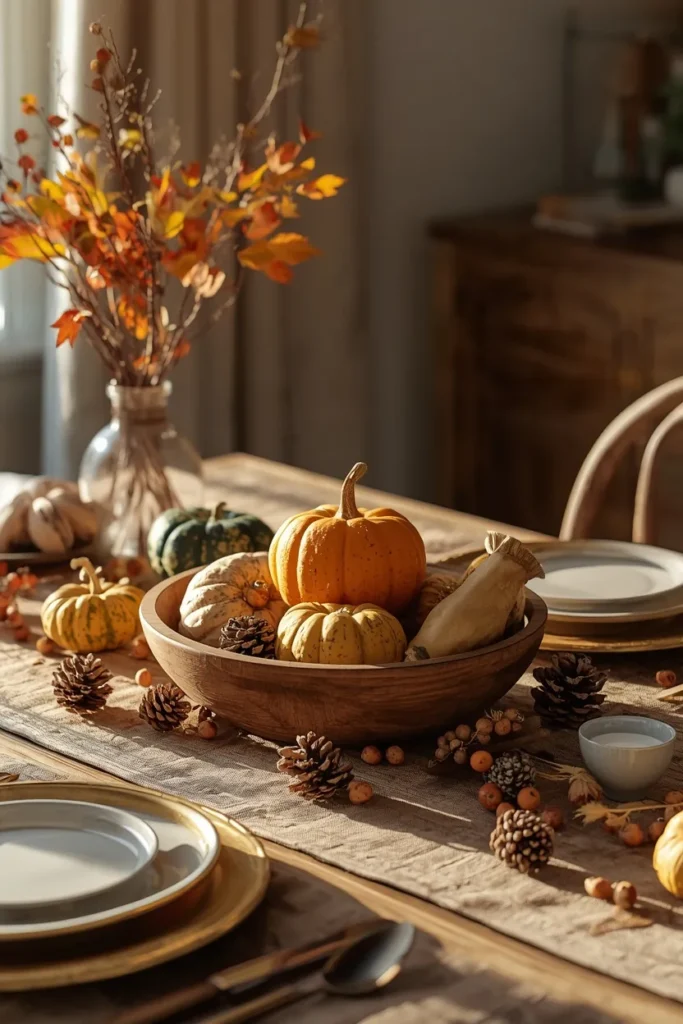  dining table, featuring a wooden dough bowl filled with small squash