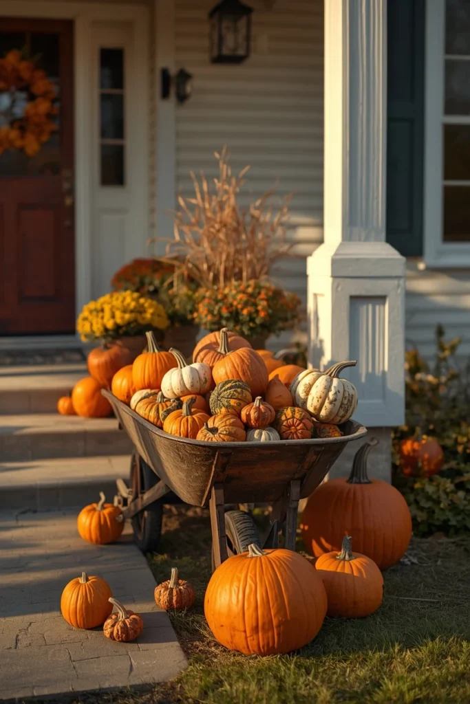 23 Fall Front Porch Decor Ideas Neighbors Will Envy 7 front yard, featuring an old wooden wheelbarrow overflowing with mixed pumpkins and gourds
