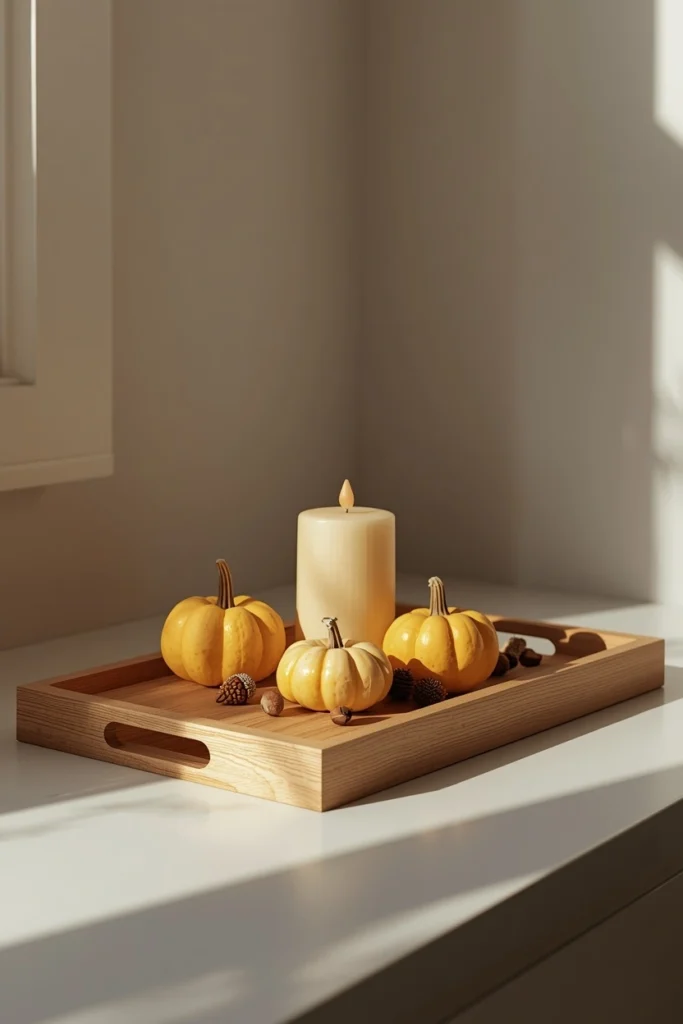 17 Fall Kitchen Countertop Decor Ideas That Feel Cozy, Not Cluttered 7 kitchen counter shot, featuring a simple wood tray holding a grouped vignette