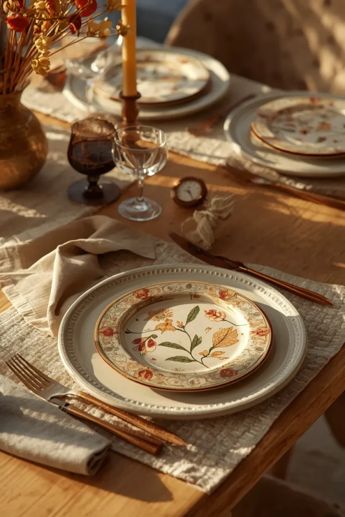 20 Fall Kitchen Decor Ideas That Are Easy to Recreate 7 kitchen table close-up, featuring neutral dinner plates topped with fall-patterned salad plates