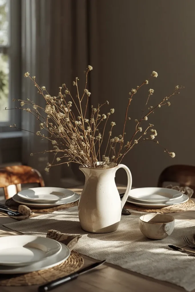 18 Fall Table Setting Ideas for Cozy Autumn Dinners 7 dining table, featuring a vintage stoneware pitcher filled