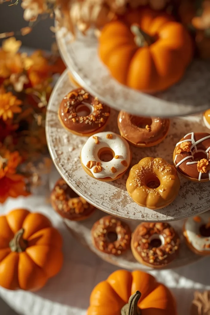  tiered tray close-up, featuring realistic faux donuts and mini pies grouped on a small plate,