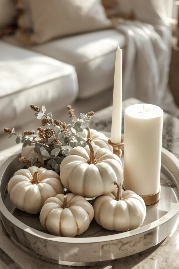15 Fall Tray Decor Ideas to Style Your Coffee Table Like a Pro 7 coffee table tray, featuring a cluster of white and cream pumpkins beside two cream taper candles