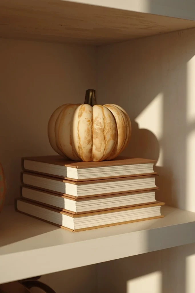 shelf vignette close-up, featuring a small stack of books used as a hidden riser