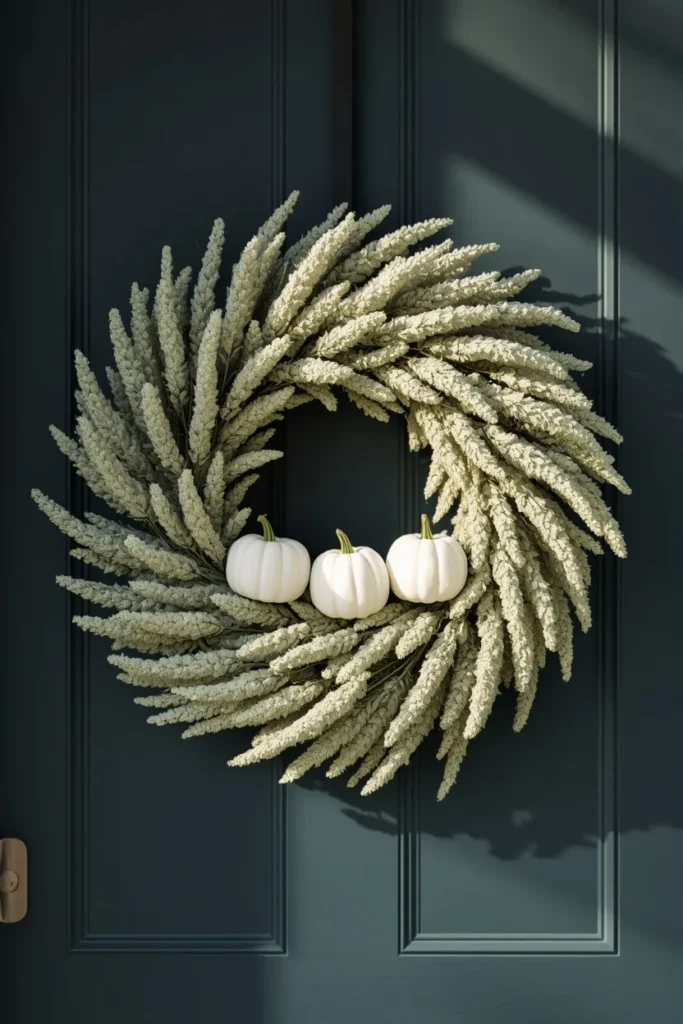 24 Fall Wreath Ideas to Welcome the Season in Style 7 front door, featuring a wreath with soft sage-green lamb's ear clustered in sections