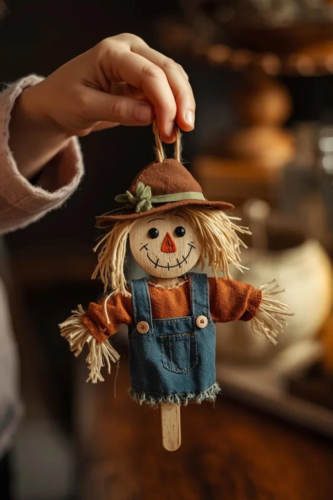 19 Fun DIY Scarecrow Ideas for fall that Kids Will Love Making 7 craft table close-up, featuring a painted popsicle stick scarecrow puppet