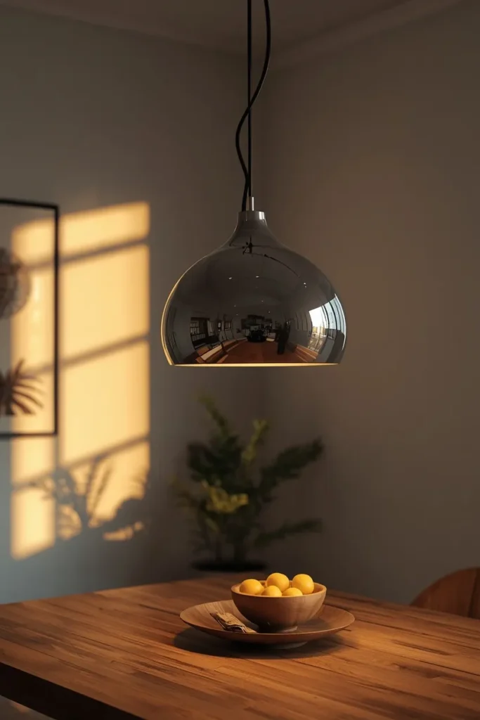15 FunHaus Interior Ideas for a Bold, Playful Home That Breaks the Rules 7 dining room shot, featuring an asymmetric sculptural chrome pendant light