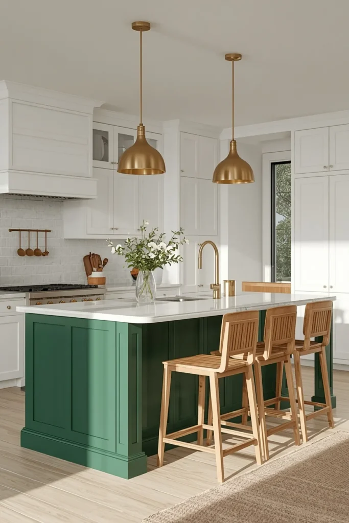 17 Green Kitchen Designs That Feel Bold, Fresh & Totally Unexpected 7 kitchen, featuring a rich emerald green kitchen island as the central focal point