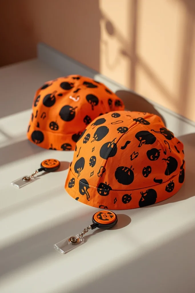 medical staff portrait setting, featuring a set of orange and black pumpkin-patterned scrub caps 