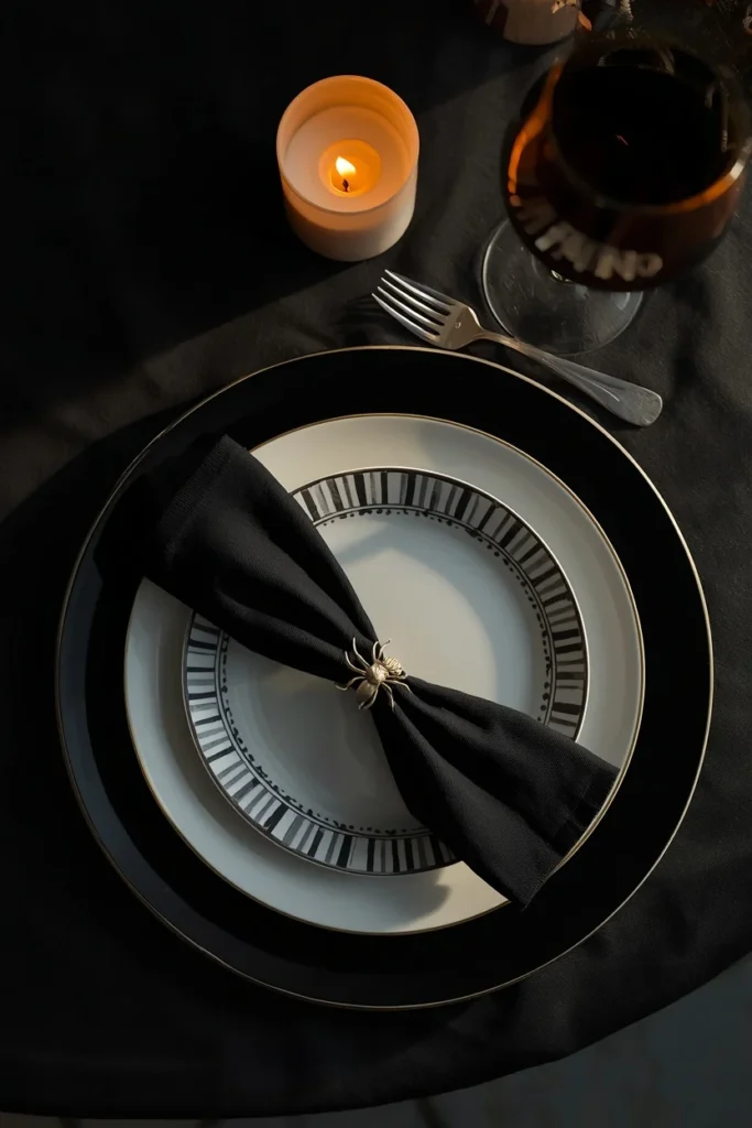overhead place setting shot, featuring a layered black charger, white dinner plate
