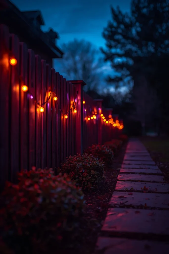 18 Halloween Walkway Ideas That Set the Spooky Mood Early 7 Halloween walkway border, featuring warm orange and purple string lights