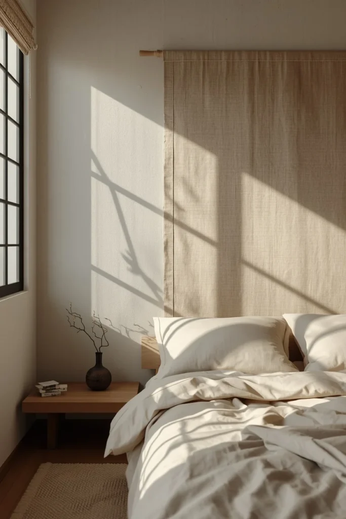 Japandi bedroom, featuring a soft linen noren fabric panel hung on the wall behind a low platform bed