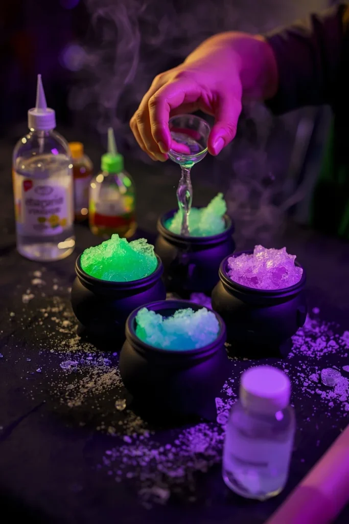  kids science activity, featuring small black plastic cauldrons filled with green and purple fizzing foam