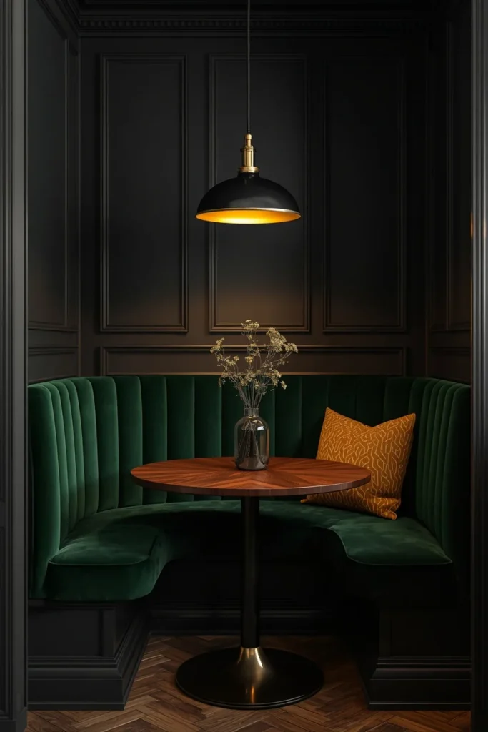 21 Kitchen Banquette Seating Ideas That Make Every Meal Feel Special 7 moody kitchen breakfast nook, featuring a deep emerald green velvet corner banquette