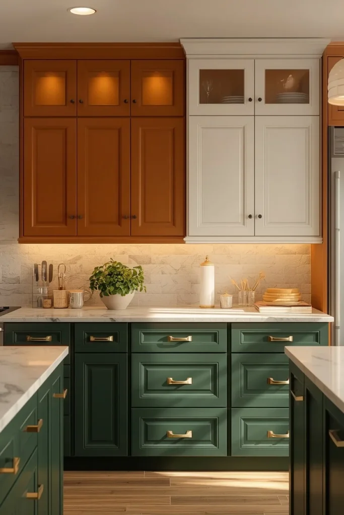  kitchen, featuring deep forest green lower cabinets and warm white upper cabinets