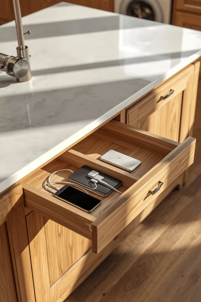  kitchen island, featuring an open shallow drawer revealing a built-in charging station 