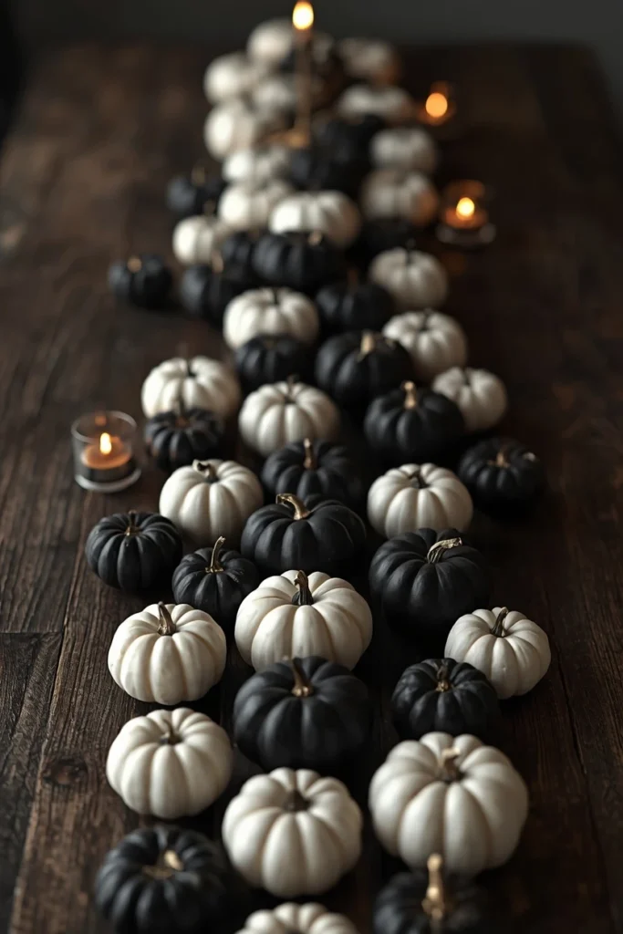 15 Last-Minute Halloween Tablescape Ideas That Look Planned 7 dining table detail, featuring a scattered cluster of small black and white pumpkins
