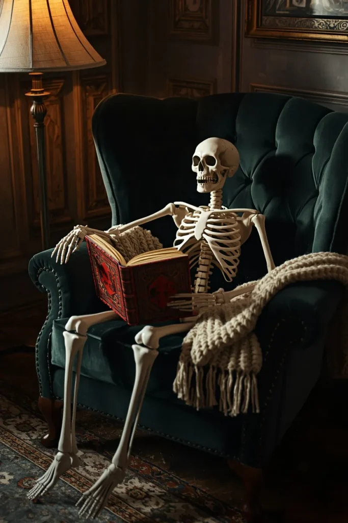  living room armchair, featuring a posable skeleton seated casually